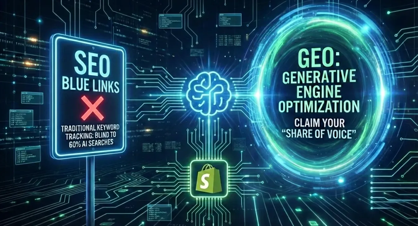 A digital illustration contrasting traditional "SEO Blue Links" with a red X, stating it's blind to AI searches, against a glowing sign for "GEO: Generative Engine Optimization" encouraging users to "Claim Your Share of Voice." A stylized brain connects to a green Shopify shopping bag logo below, illustrating the shift in e-commerce visibility.